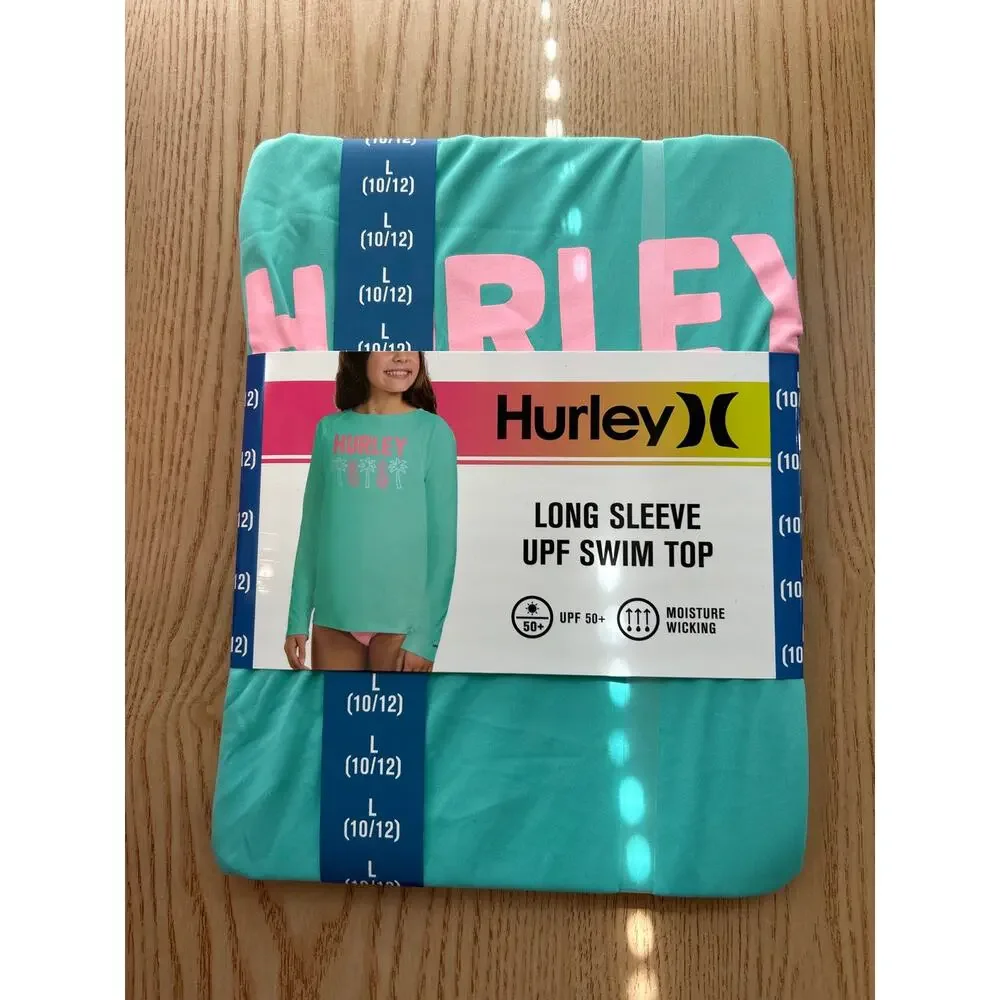 #2 New Girls Hurley Tropic Print Swim Top L Sleeve UPF 50+ Turquoise Large 10-12